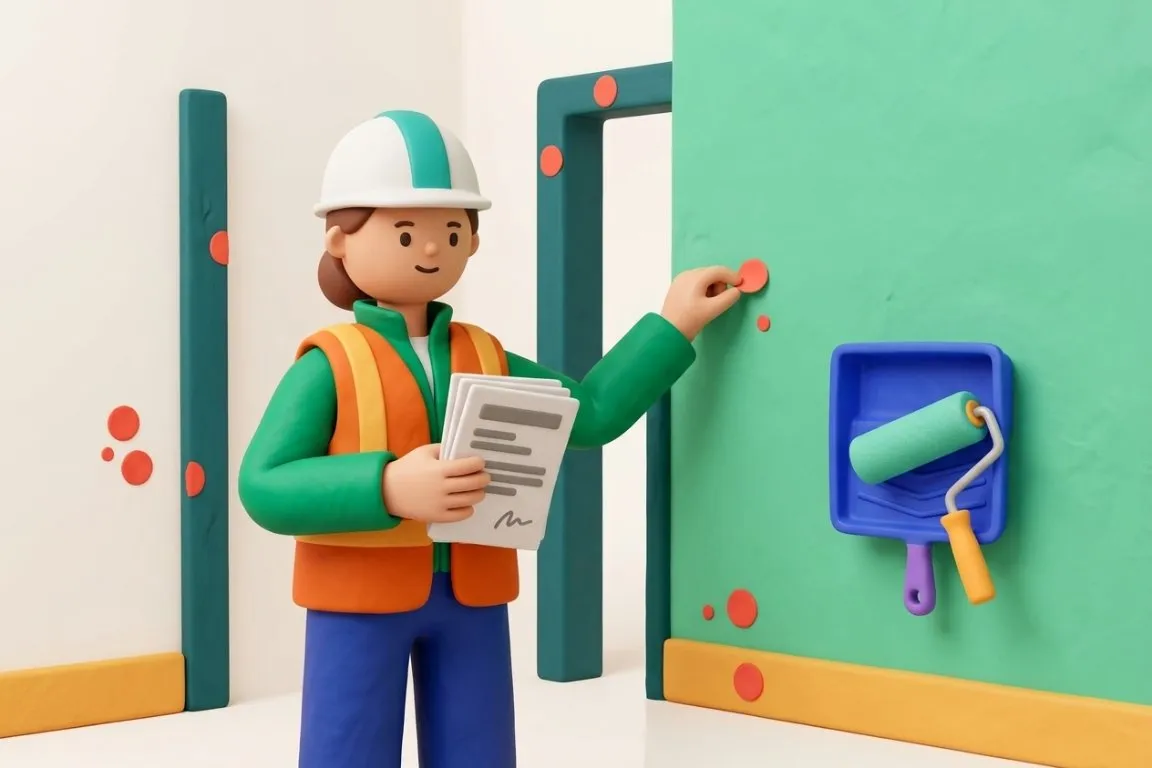 Illustration 3D : responsable QSE collant les pastilles de réserves en fin de chantier