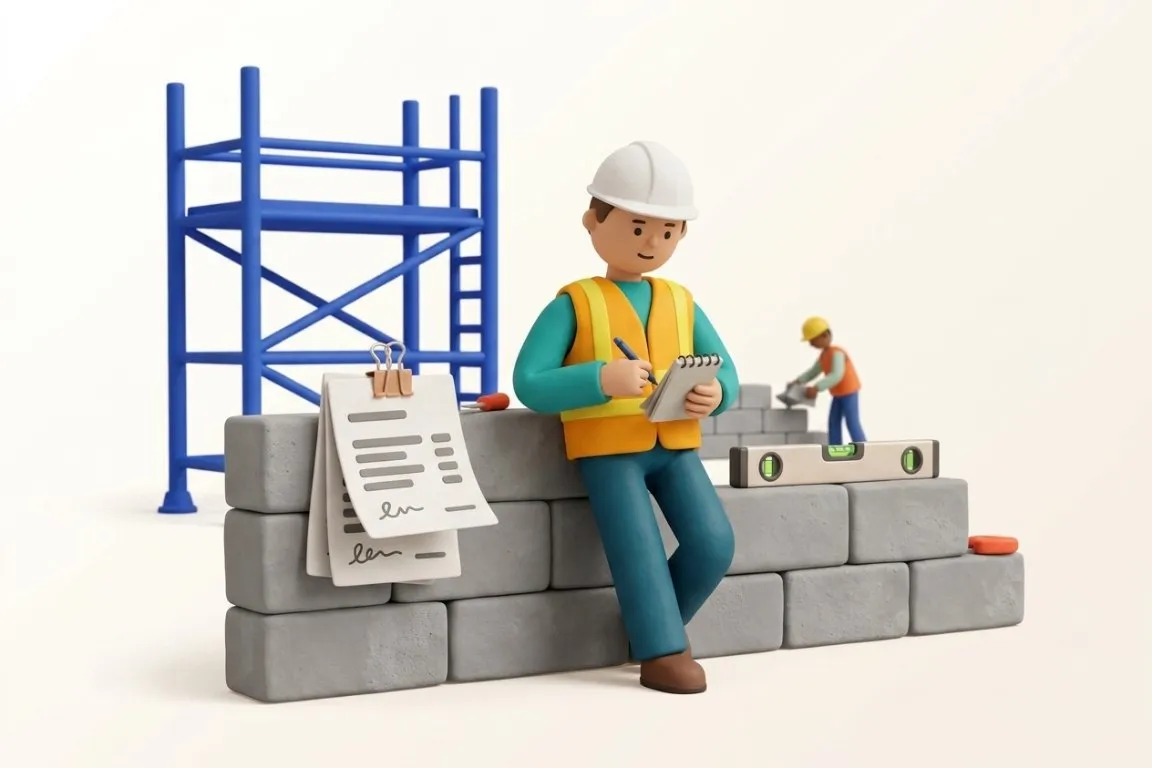 Illustration 3D : conducteur de travaux remplissant son carnet et ses pointages sur le chantier