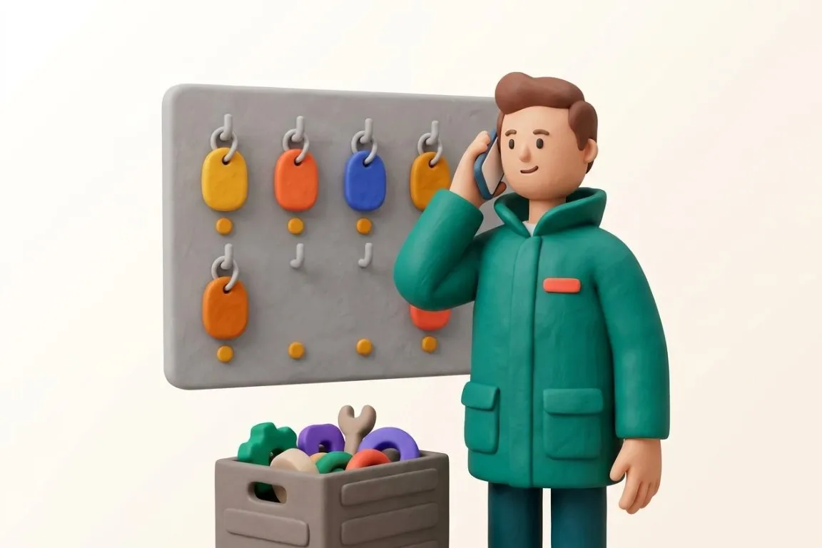 Illustration 3D : responsable matériel au téléphone devant le tableau des clés d'engins incomplet