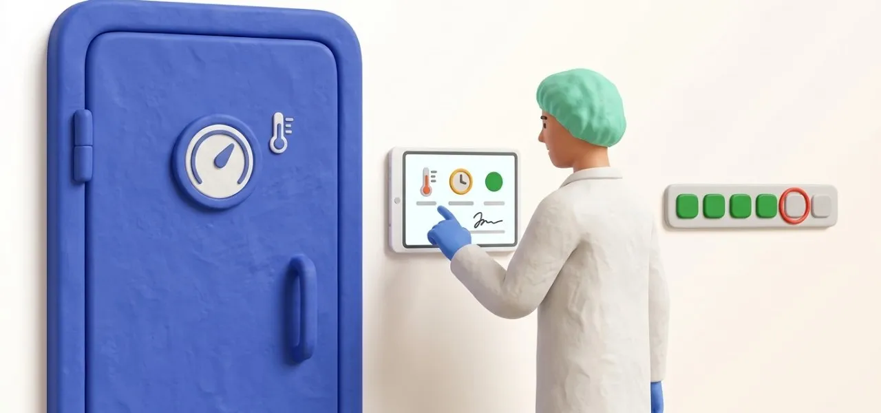 Relevé d'un point de contrôle horodaté et signé sur la tablette murale, à la porte de la chambre froide