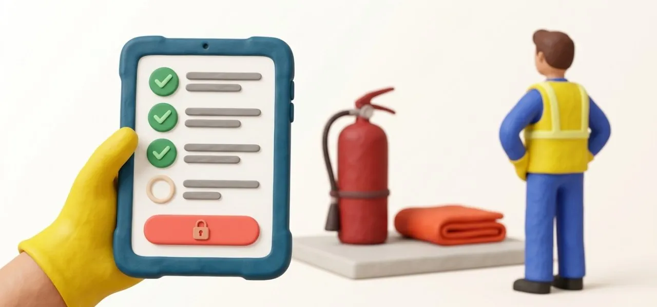 Les points de contrôle cochés un à un sur la tablette avant le permis de feu, extincteur à portée et surveillant en place