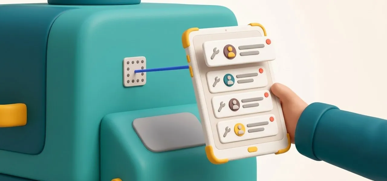Un technicien scanne le marqueur de la machine et ouvre sur sa tablette la pile des interventions déjà faites