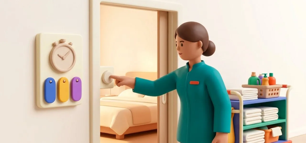 Une femme de chambre lance le chrono de la chambre sur une borne murale, le type de nettoyage se choisit en un appui