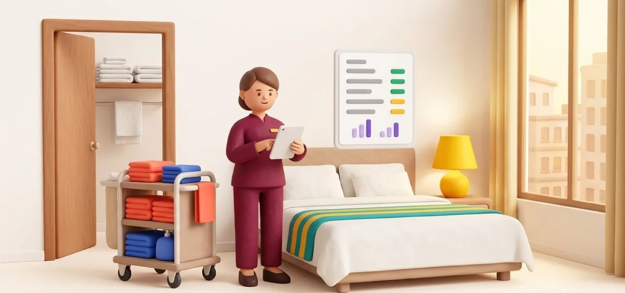 La gouvernante contrôle une chambre finie sur sa tablette, les écarts relevés se comparent d'une semaine à l'autre