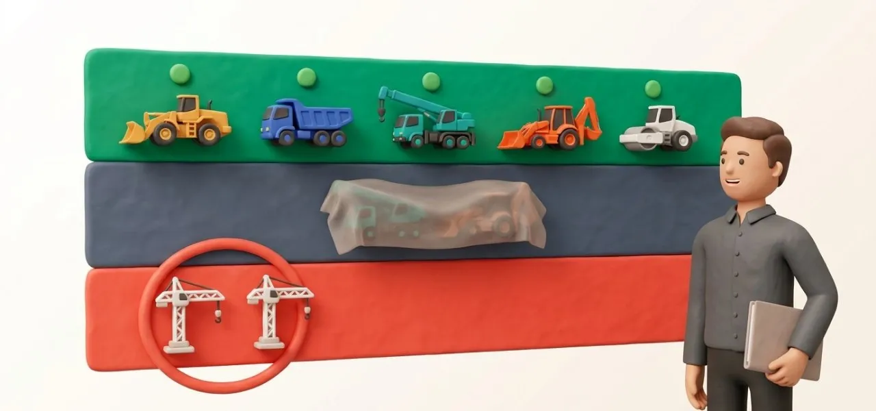 Le tableau du parc sépare les engins qui tournent, ceux qui dorment sous une bâche et deux locations en doublon