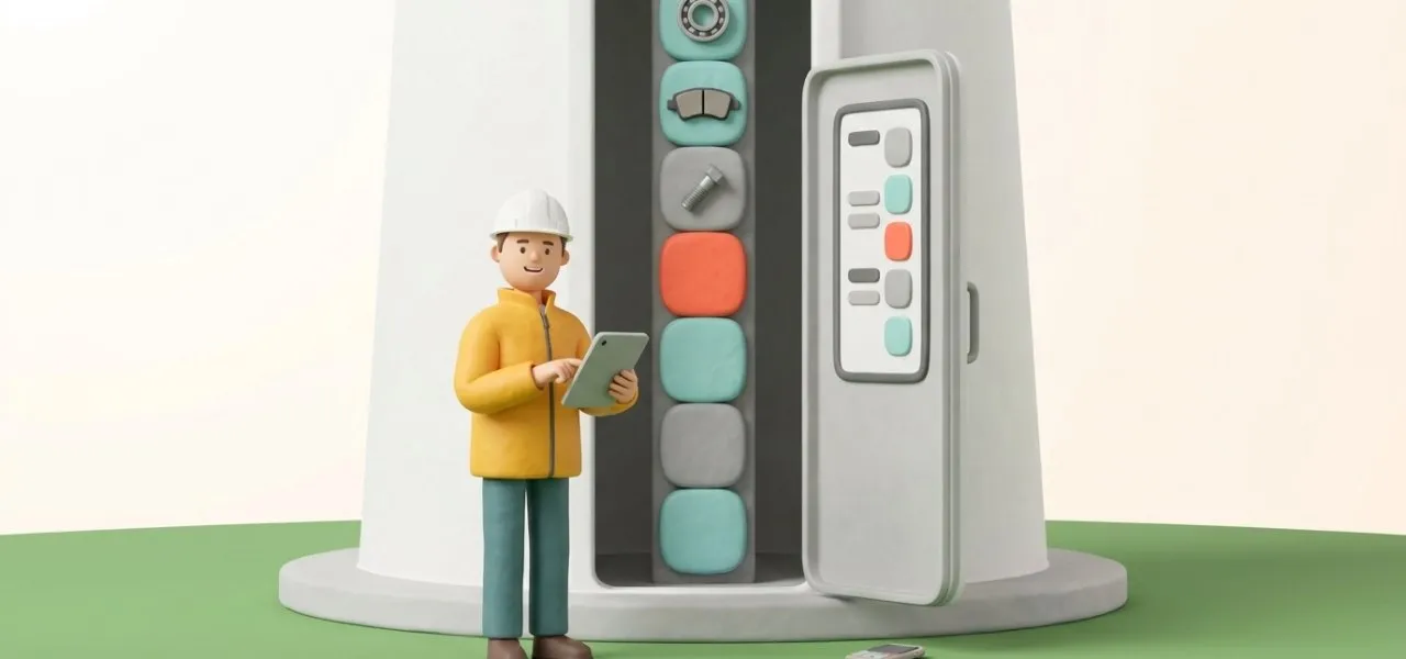 Avant de monter dans une éolienne, un jeune technicien lit sur sa tablette l'historique de la machine