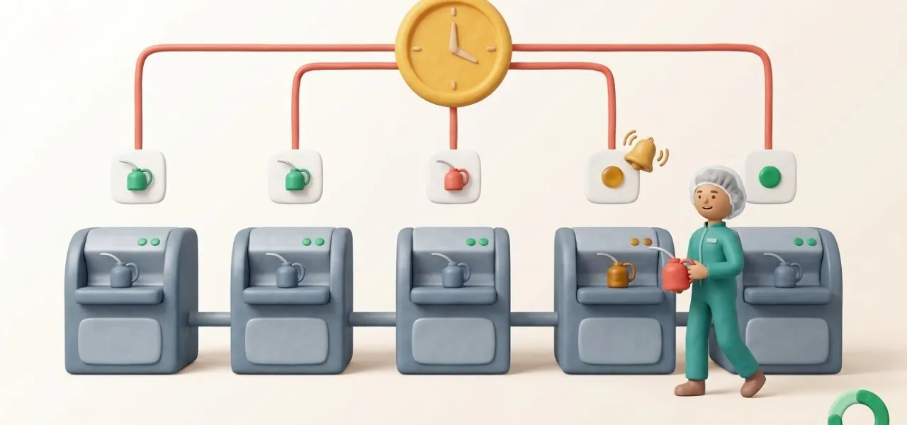Les gammes de préventif partent de l'horloge vers chaque machine, plan de graissage compris