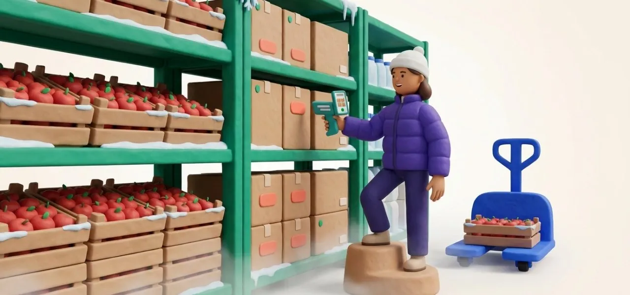 En allée de chambre froide, le comptage se fait au scan et le stock affiché correspond aux cartons du rayonnage