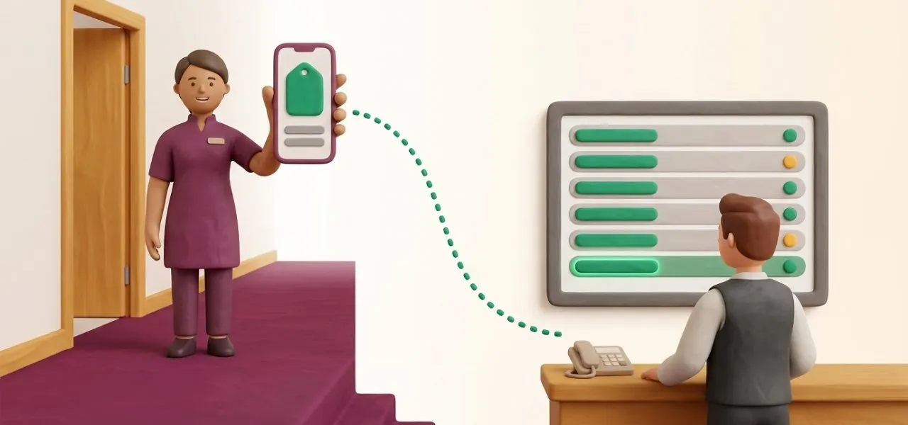 La gouvernante passe la chambre en prête depuis son téléphone et la réception voit le statut changer