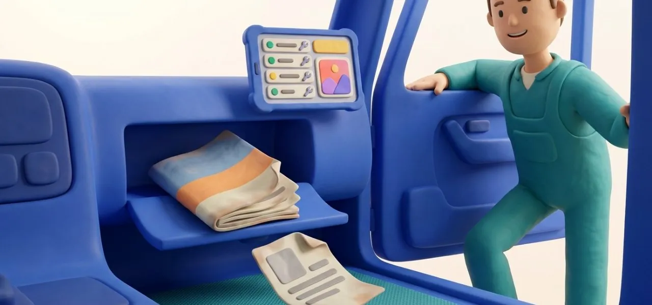 Le vieux carnet papier tombe de la boîte à gants et l'historique complet du camion se lit sur la tablette du tableau de bord