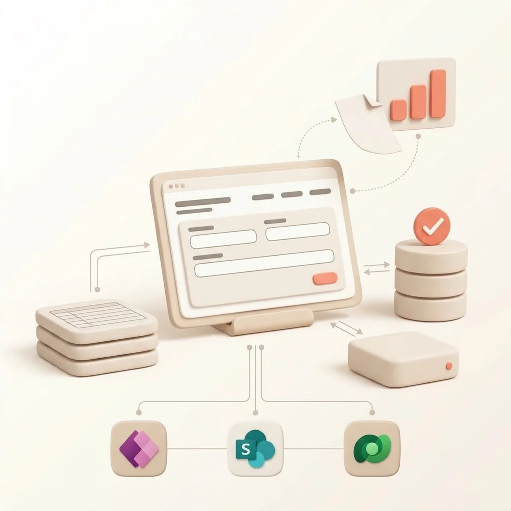 Application Power Apps sur tablette qui lit et met à jour une liste SharePoint, une base Dataverse et un logiciel connecté, avec un export vers un outil d'analyse