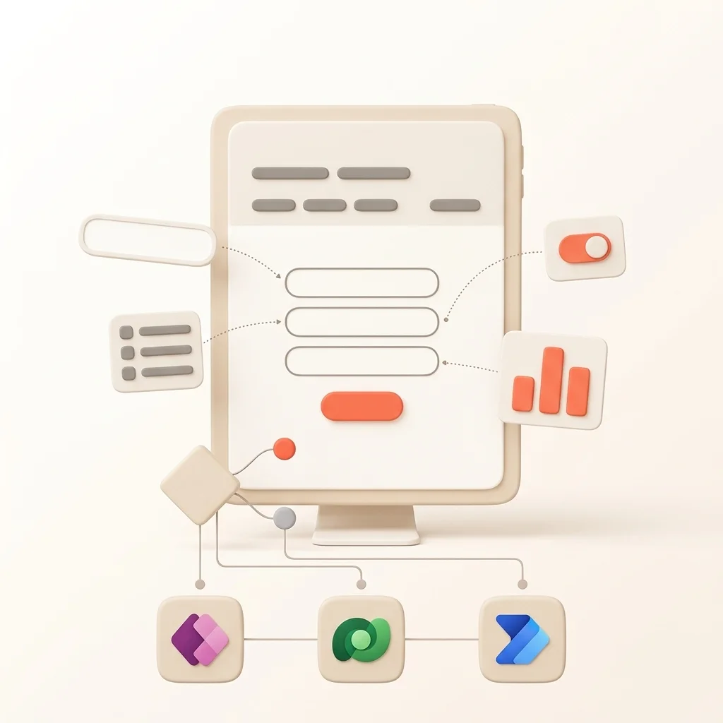 Application Power Apps sur tablette, composée pièce par pièce : champ de formulaire, liste, interrupteur et indicateur, avec une règle de gestion, reliée à Dataverse et Power Automate