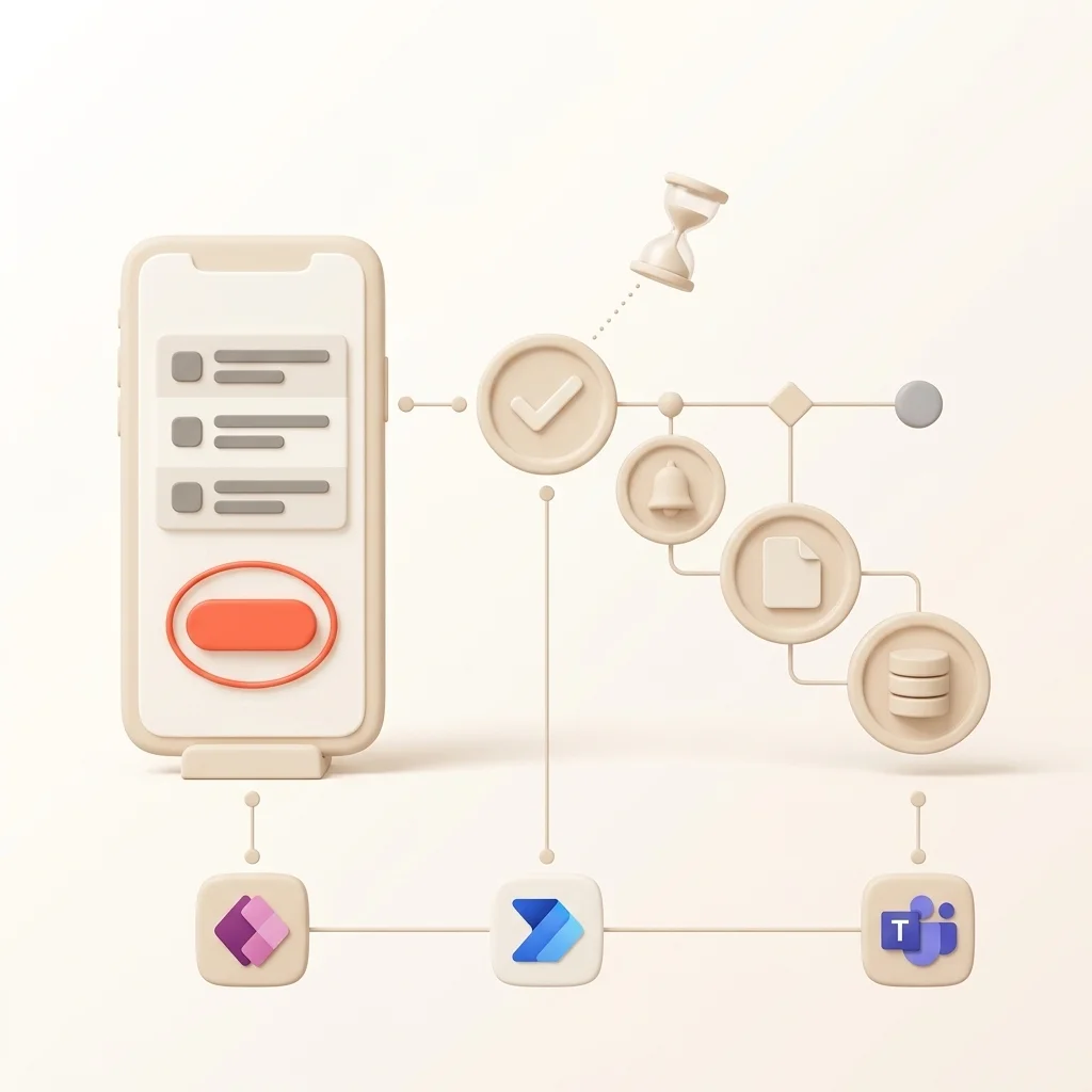 Un bouton pressé dans une application Power Apps lance un enchaînement : validation, relance, document et mise à jour des données, avec Power Automate et Teams