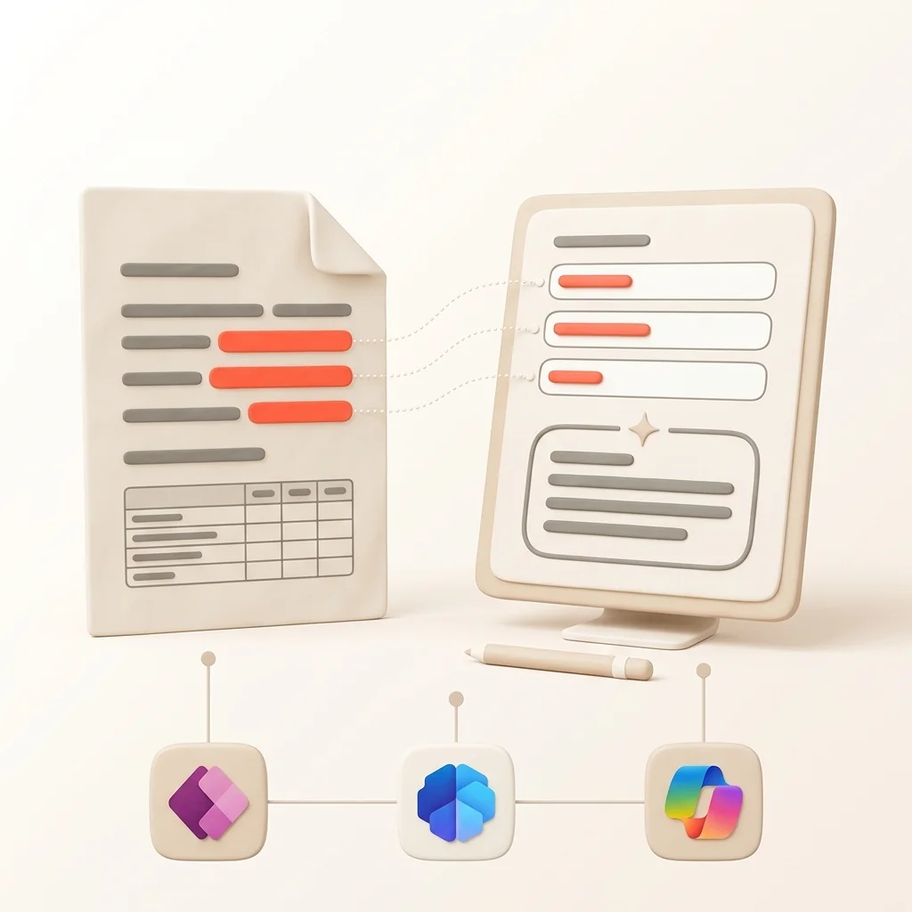 Un document lu par l'IA : trois passages repris dans les champs d'un formulaire Power Apps, et un texte préparé à relire, avec AI Builder et Copilot