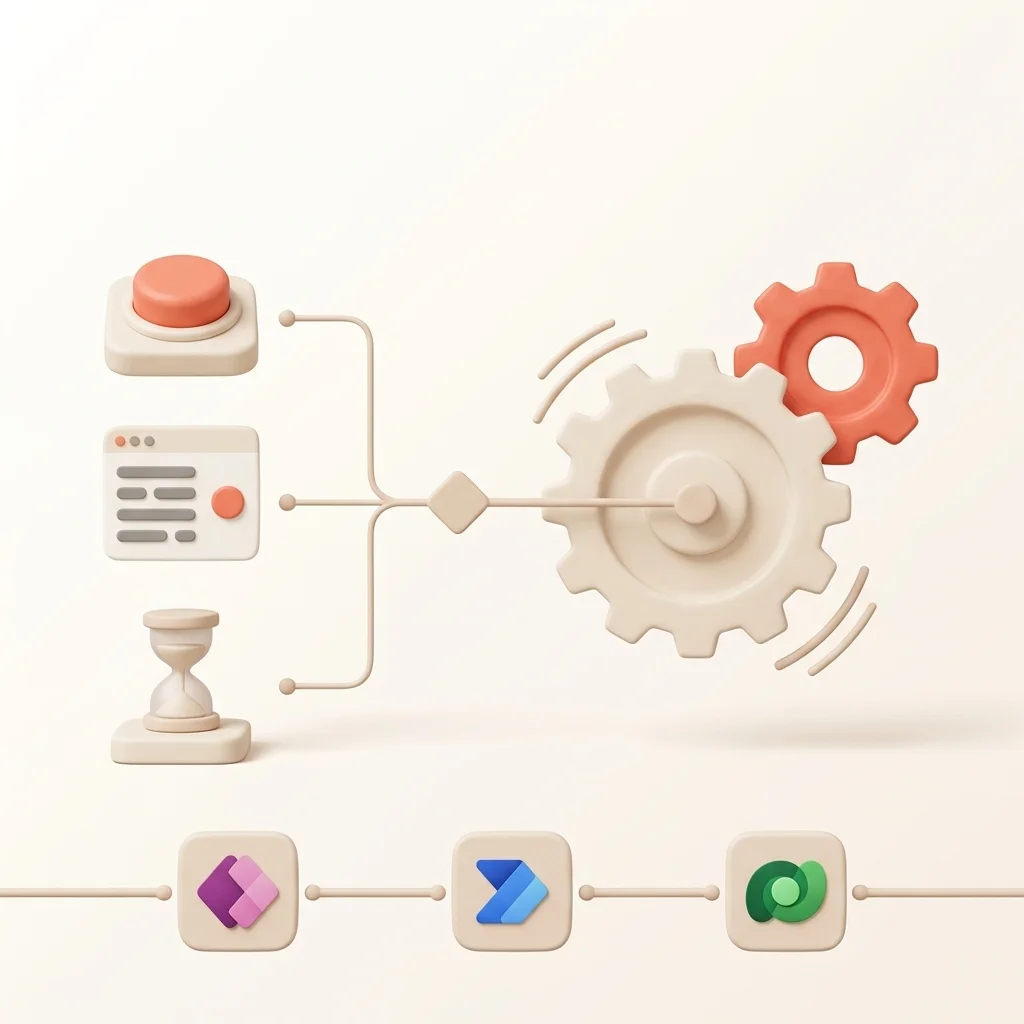 Trois déclencheurs d'un traitement : un bouton de l'application, un changement de statut et une échéance, qui lancent le même enchaînement Power Automate