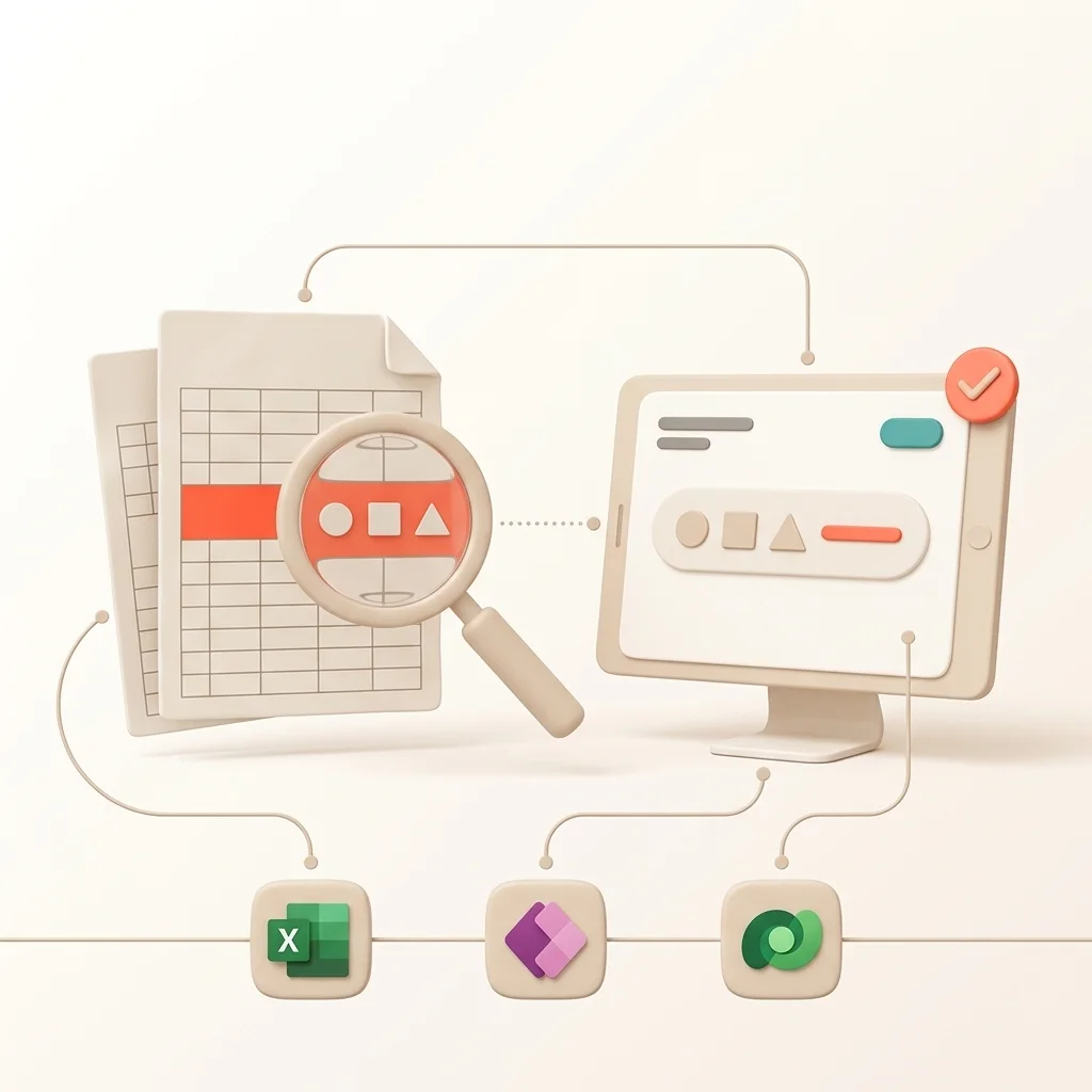 Une règle de calcul repérée à la loupe dans des feuilles Excel liées, puis reprise et vérifiée dans une application Power Apps