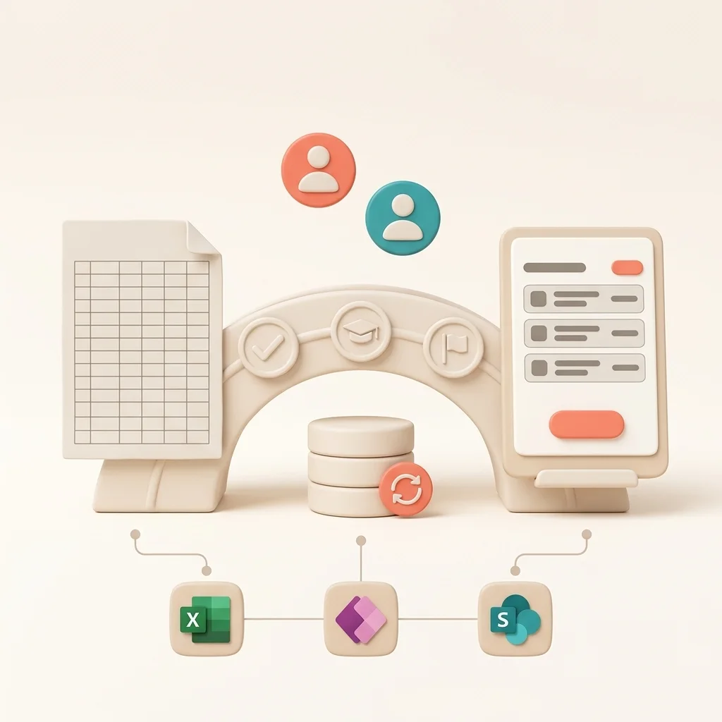 Un pont entre un fichier Excel et une application Power Apps, jalonné par les essais, la formation et la reprise finale, avec une sauvegarde prête