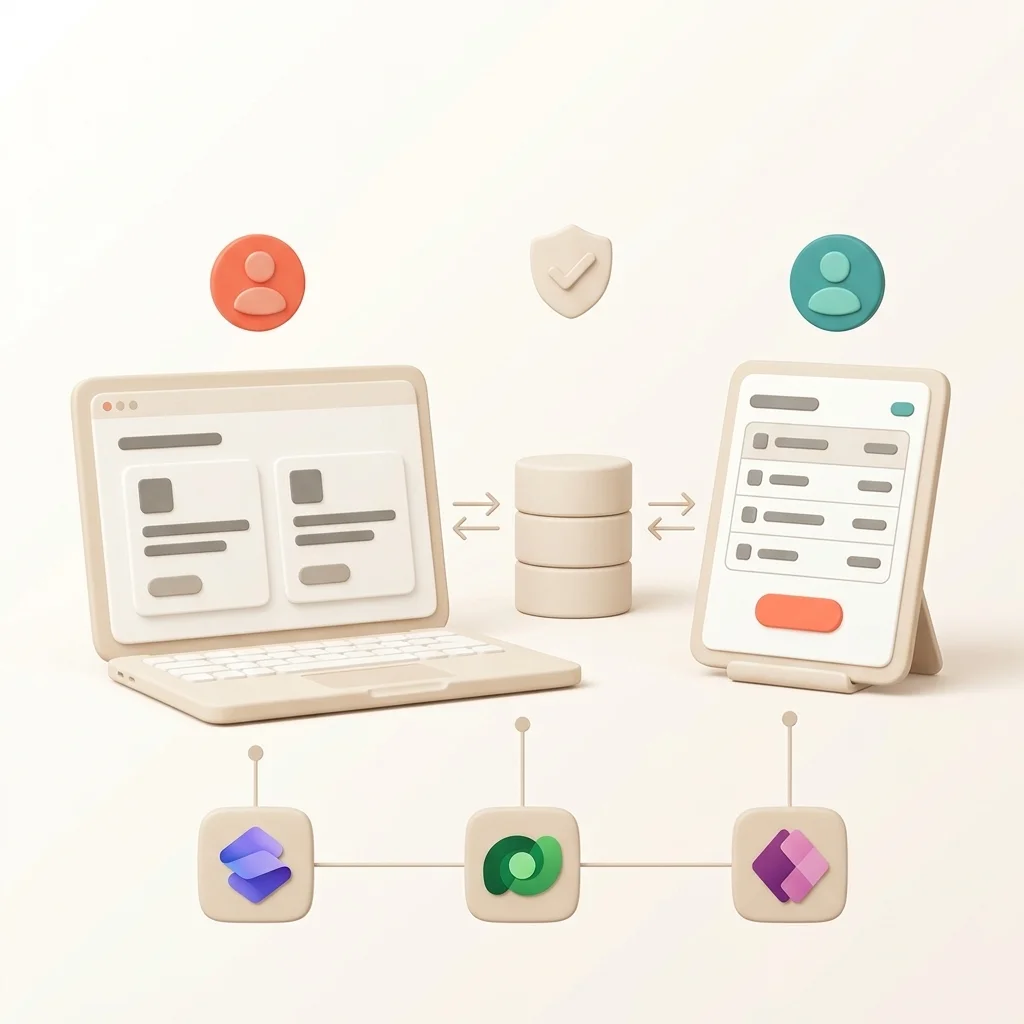 Un portail Power Pages et une application Power Apps interne échangent leurs données par Dataverse, avec des droits distincts pour chaque utilisateur