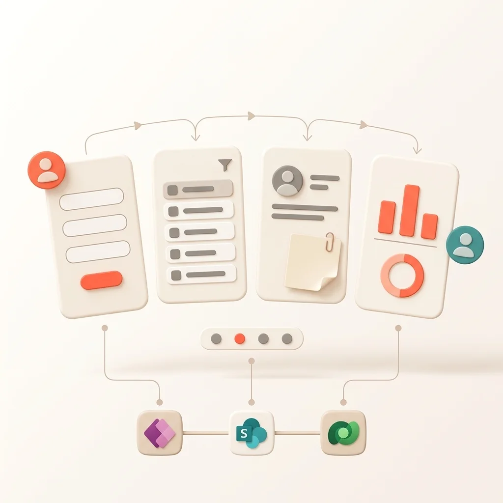 Les quatre écrans d'une application Power Apps : formulaire de saisie, liste à filtrer, fiche détaillée avec document joint et vue d'ensemble