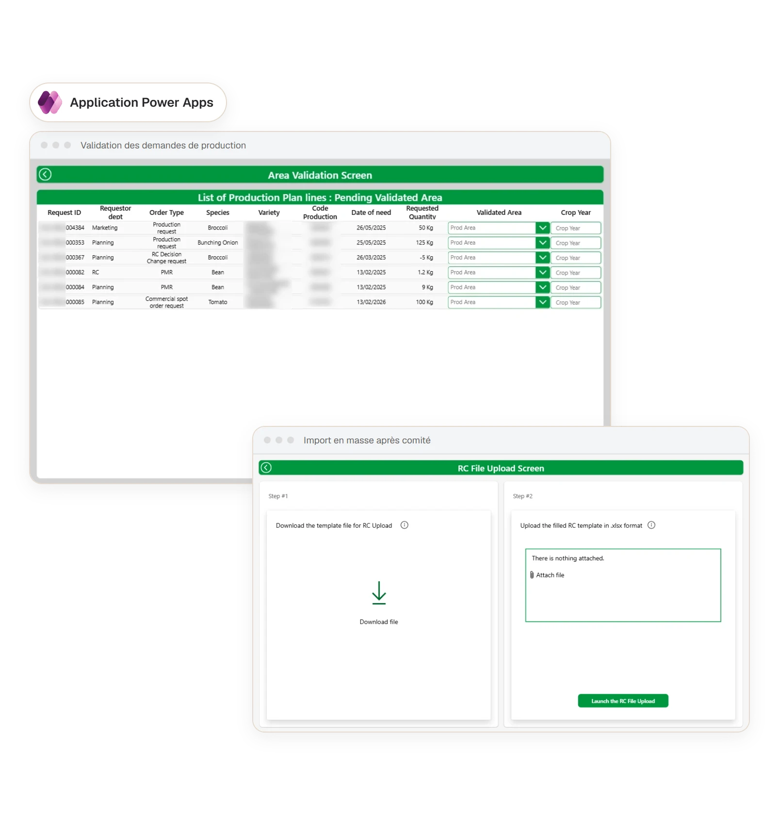 Captures de l’application Power Apps de Sakata : validation des demandes de production et import en masse