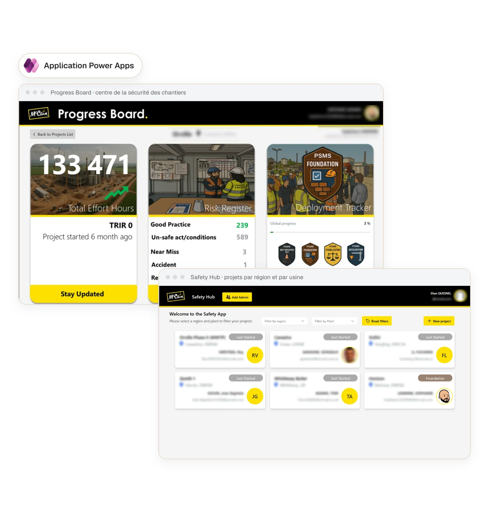 Captures de l’application chantier de McCain : tableau de bord des trois modules et accueil du Safety Hub
