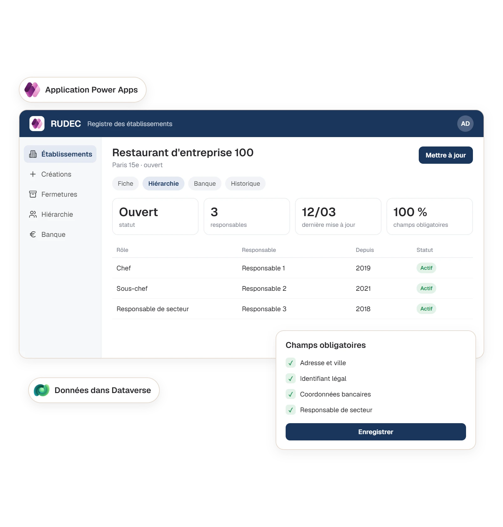 Écran de gestion d'un établissement dans la nouvelle application RUDEC