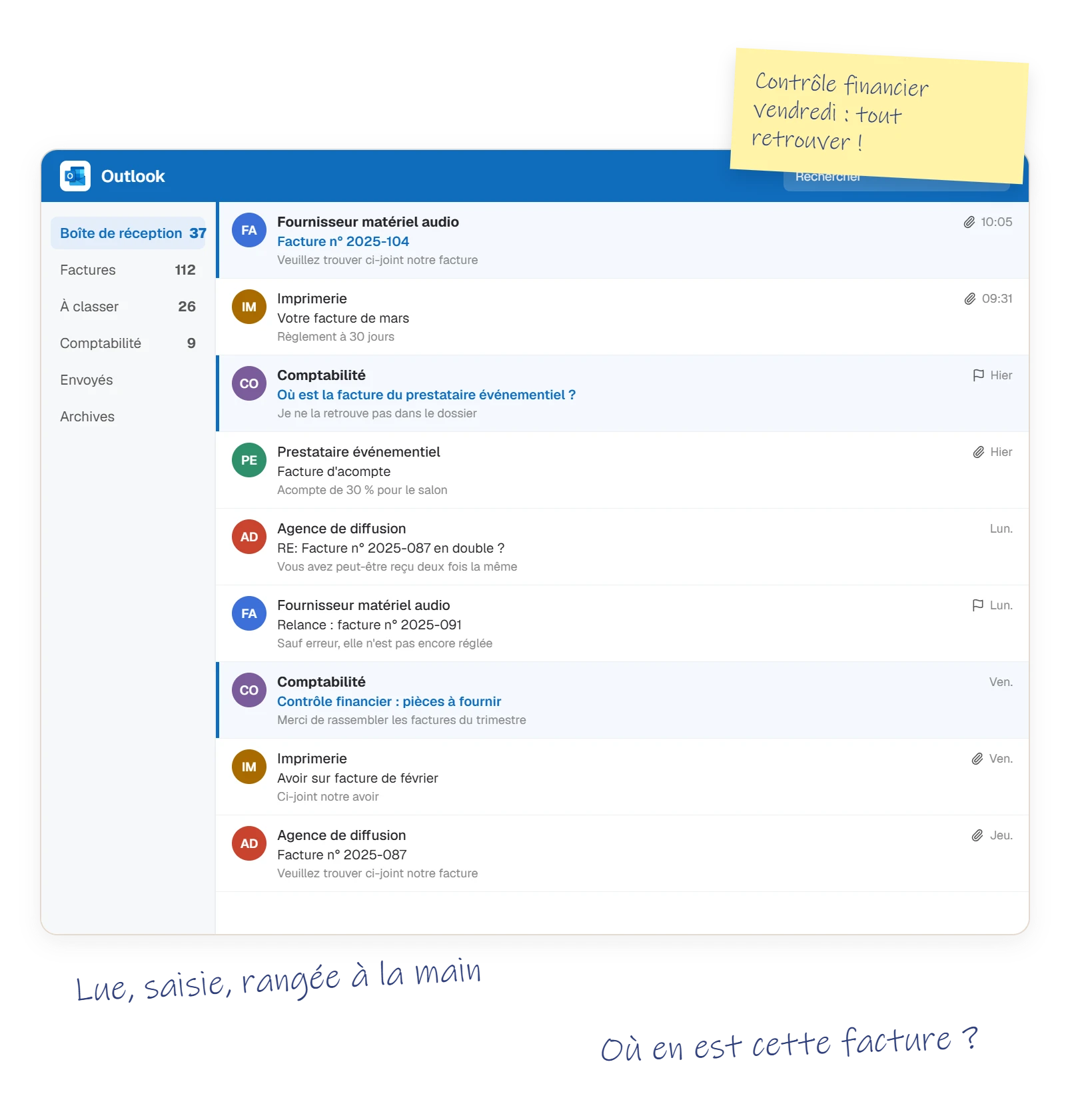 Factures reçues par mail et classées manuellement dans des dossiers