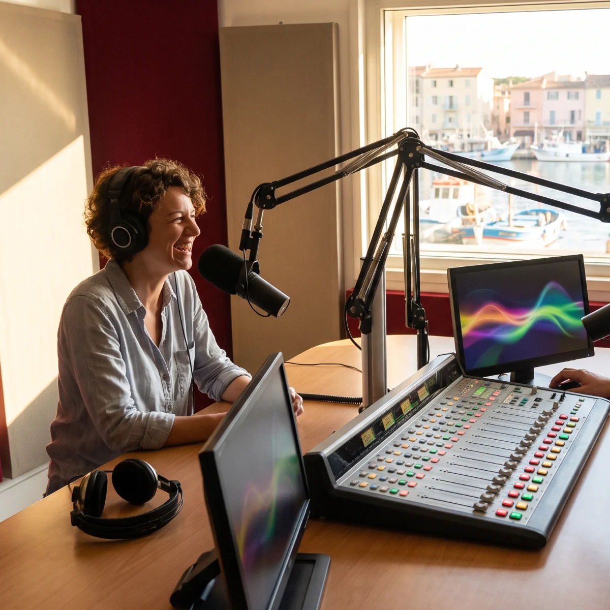 Animatrice au micro dans un studio de radio, console de mixage au premier plan, face à un port méditerranéen