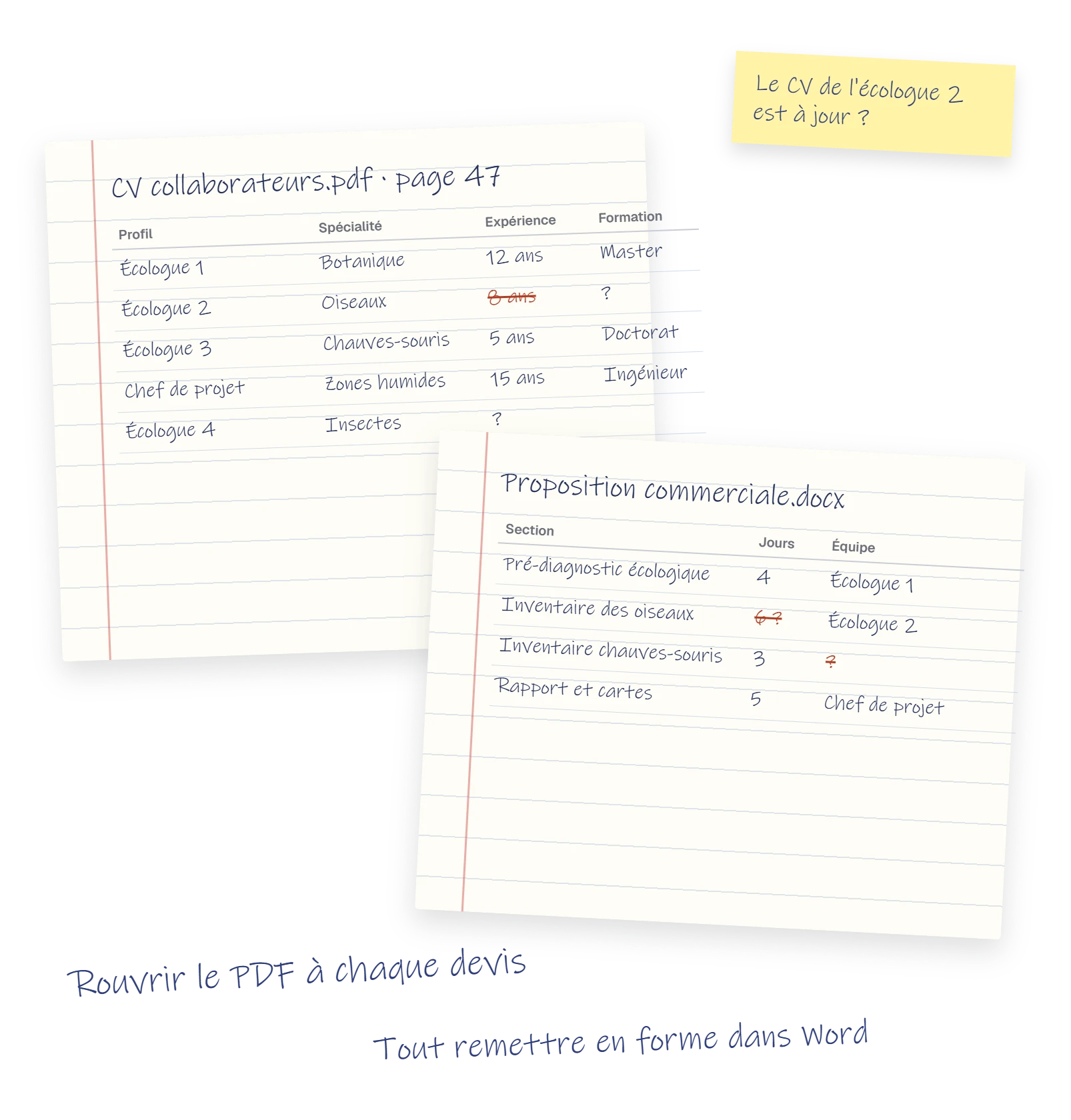 Extrait du PDF de CV des collaborateurs et devis Word à remettre en forme, annotés à la main