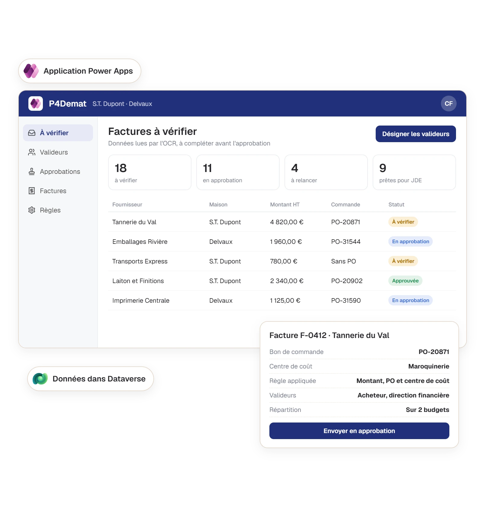 Application Power Apps P4Demat : les factures à vérifier des deux maisons et le détail d'une facture, ses valideurs et sa répartition sur deux budgets
