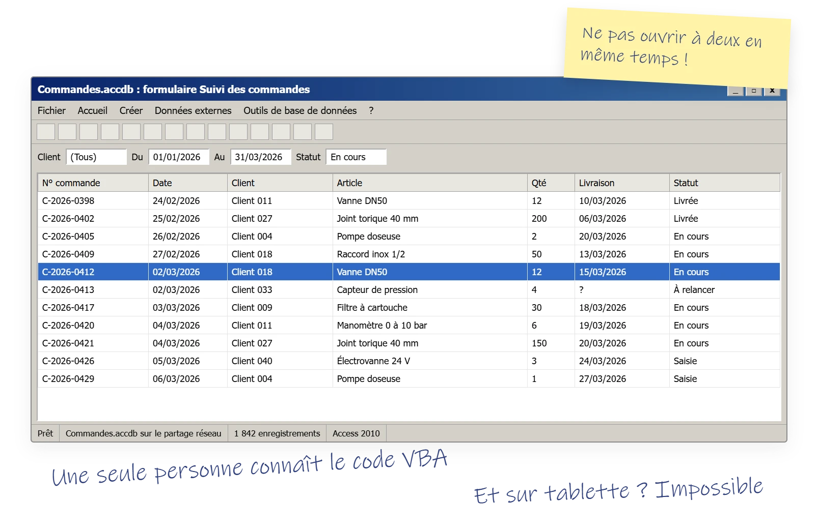 Formulaire Access de suivi des commandes : base Commandes.accdb sur un partage réseau, liste des commandes et barre d’état