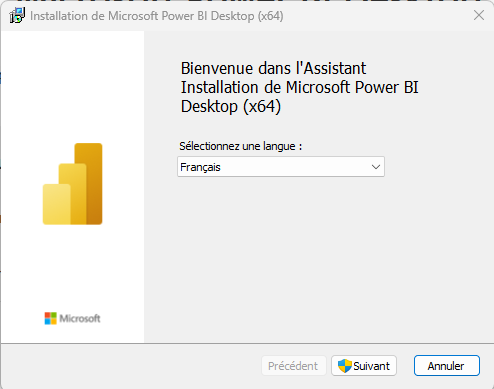 Assistant d'installation de Power BI Desktop : choix de la langue