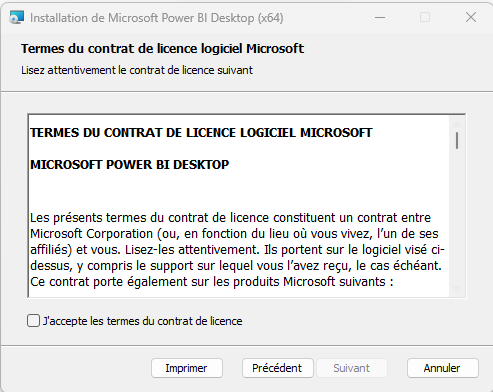Assistant d'installation : acceptation des termes du contrat de licence Microsoft