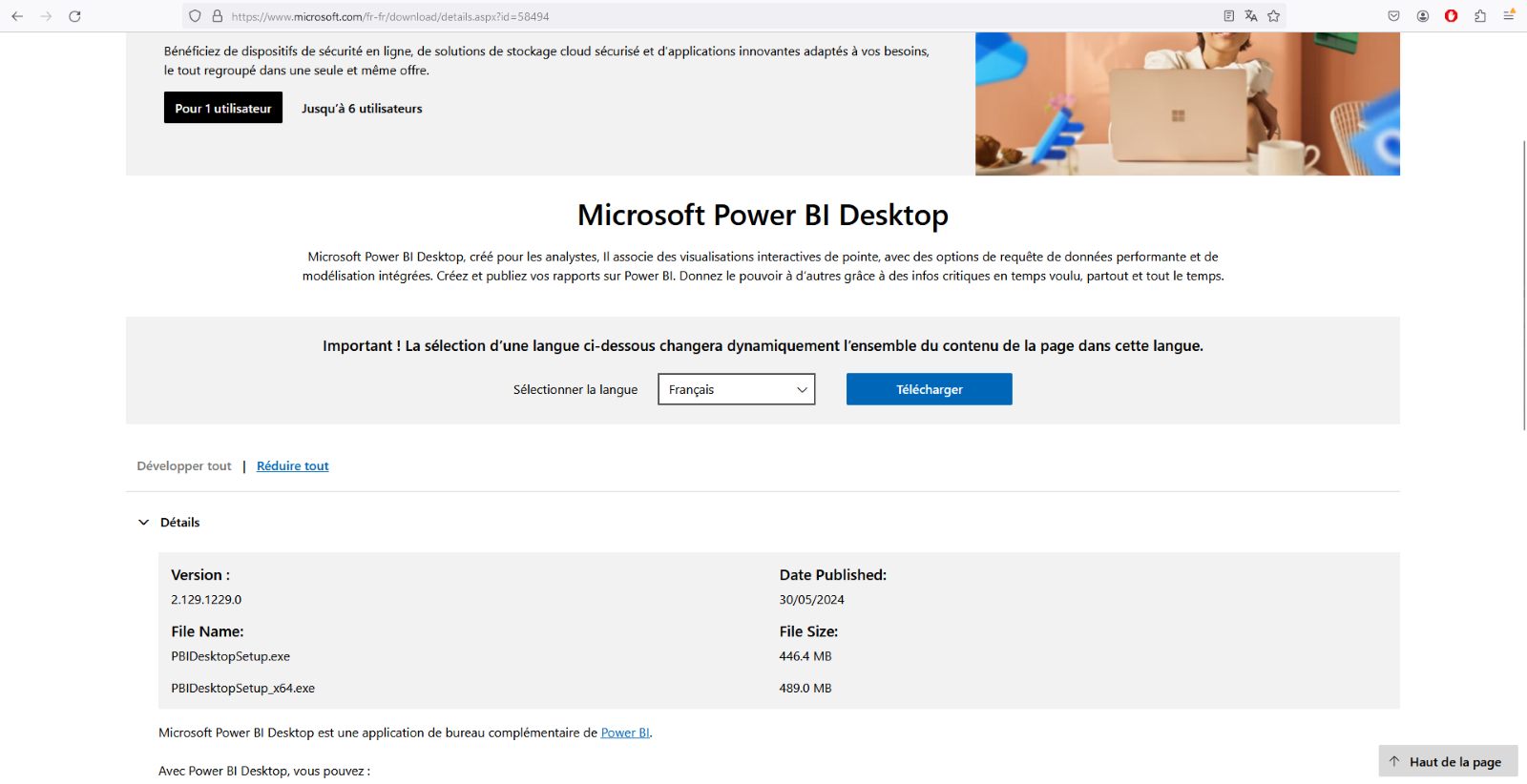 Page de téléchargement de Power BI Desktop sur le site de Microsoft : choix de la langue