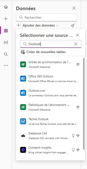 Recherche du connecteur Outlook parmi les sources de données