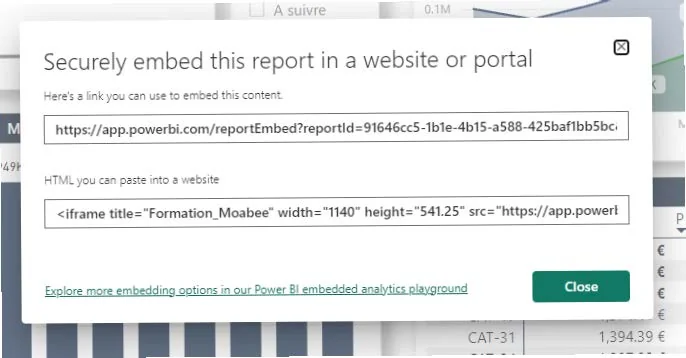 Lien et code iframe d'incorporation sécurisée du rapport Power BI
