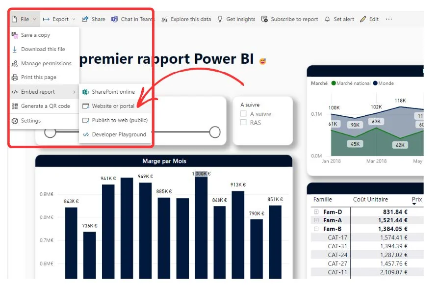 Menu Fichier, Incorporer le rapport : SharePoint Online ou site web ou portail