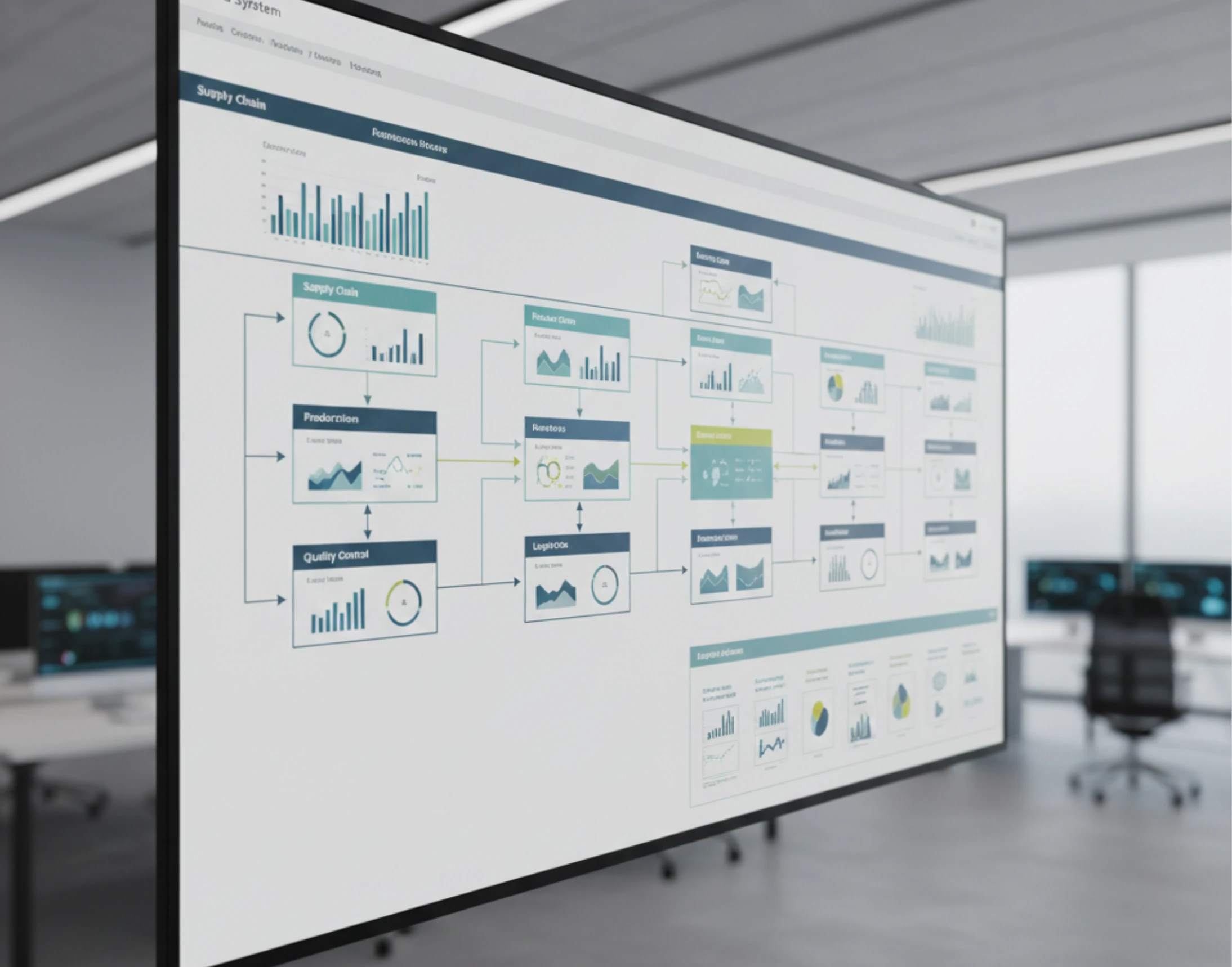 Grand écran de salle de réunion affichant les tableaux de bord d'un logiciel SaaS