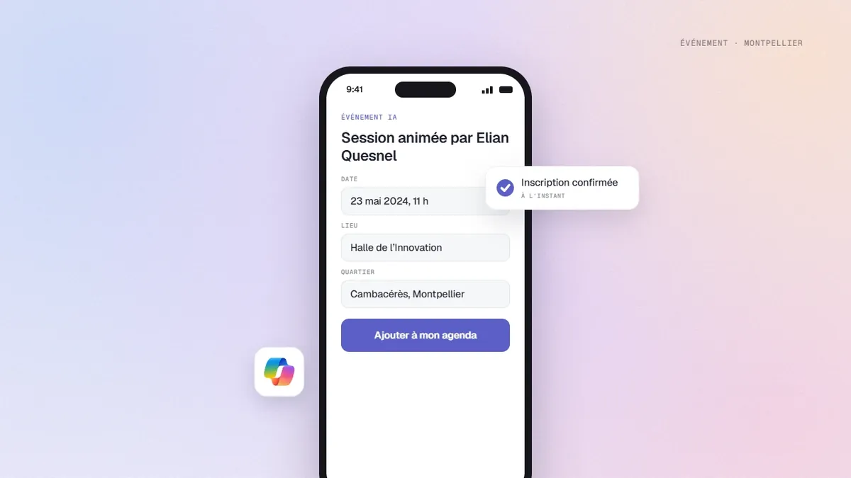 Écran mobile d’invitation à la session IA d’Elian Quesnel, le 23 mai 2024 à la Halle de l’Innovation de Montpellier
