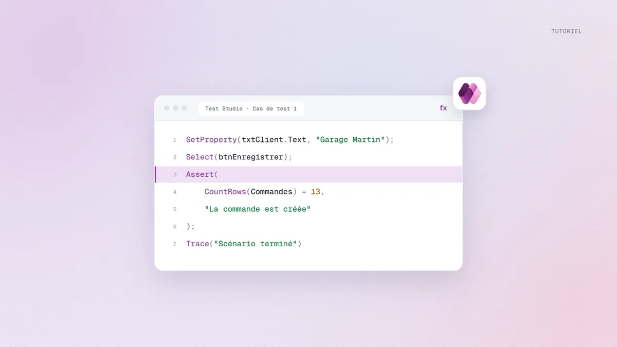 Cas de test Power Apps Test Studio qui remplit un champ, clique sur un bouton et vérifie qu’une commande est créée