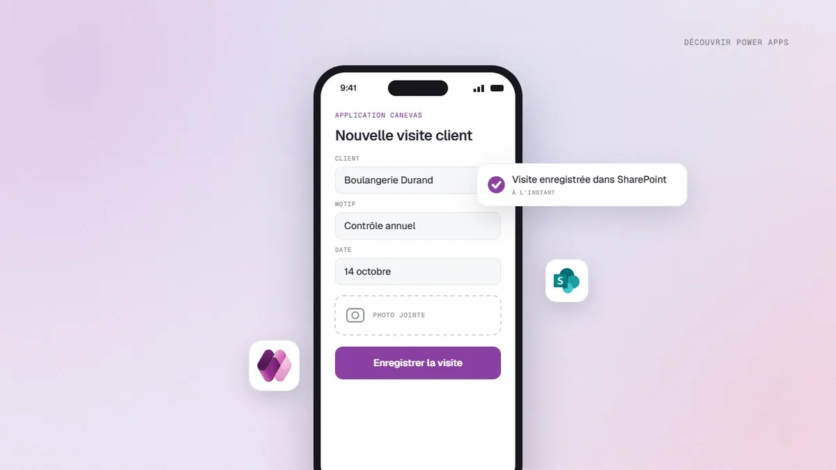 Application mobile Power Apps de saisie d’une visite client, avec photo jointe, enregistrée dans SharePoint