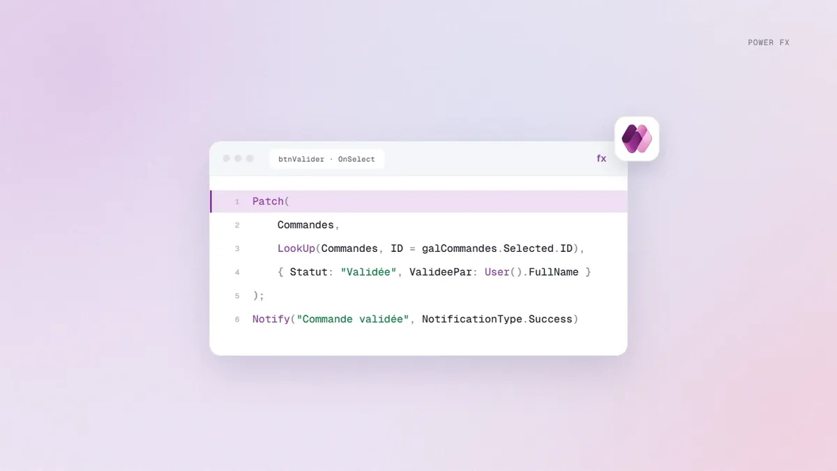 Formule Patch de Power Apps qui modifie le statut d’une commande sélectionnée puis affiche une confirmation