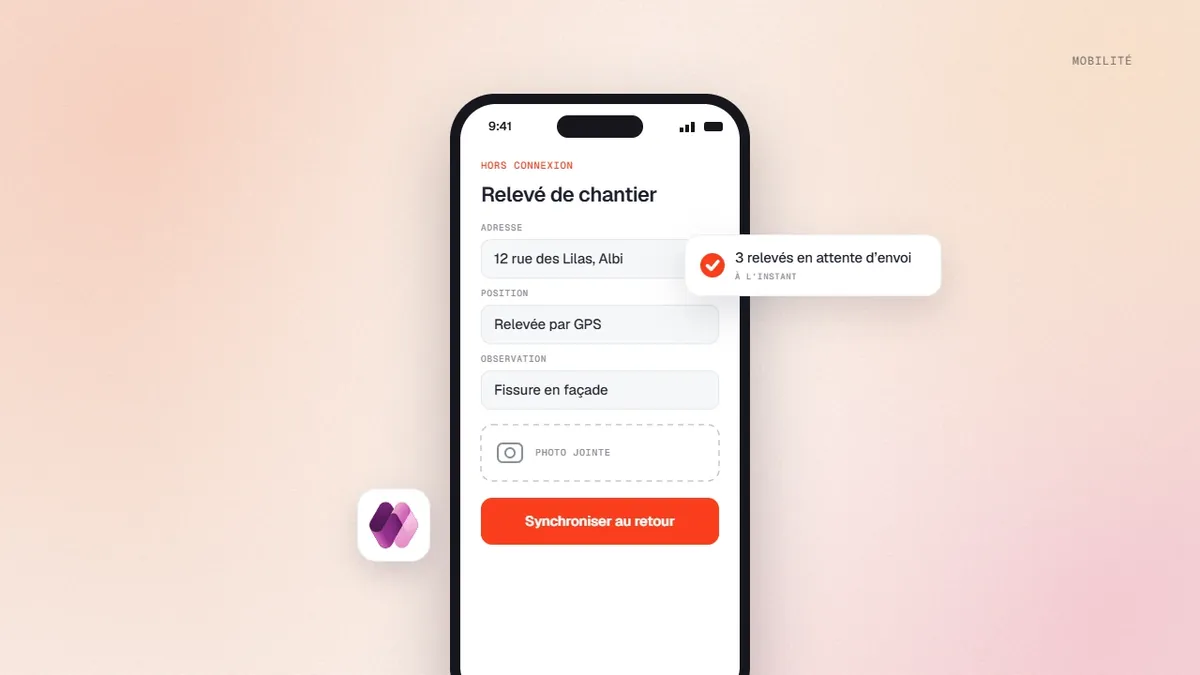 Application mobile Power Apps de relevé terrain hors connexion avec position GPS et photo, synchronisée au retour