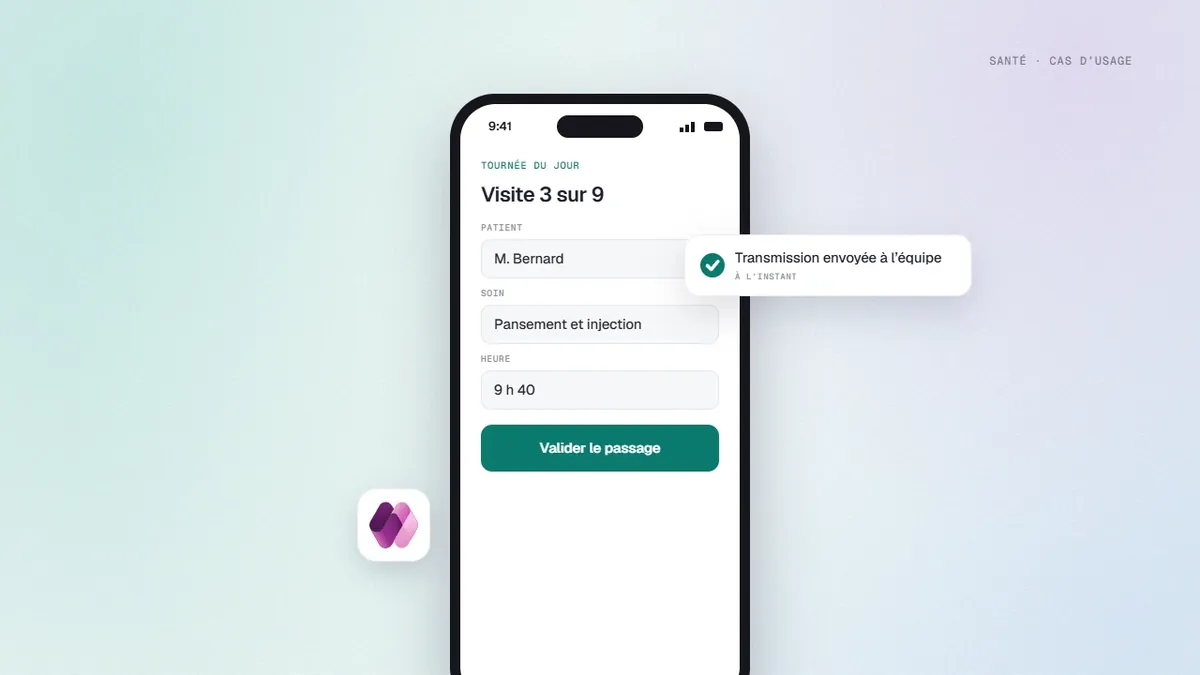 Application mobile de tournée infirmière : visite en cours, soin prévu et transmission envoyée à l’équipe