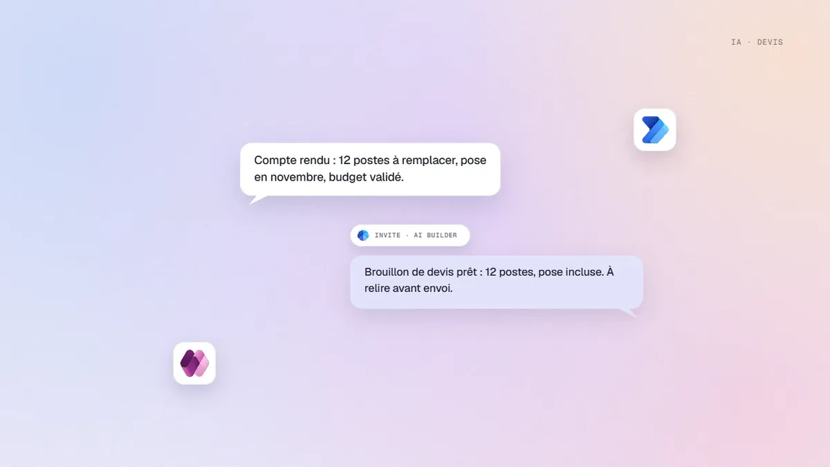 Invite AI Builder qui transforme le compte rendu d’un rendez-vous client en brouillon de devis à relire