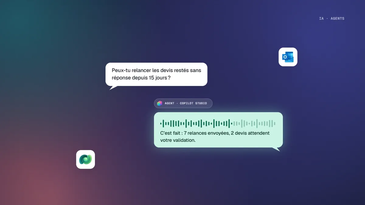 Conversation avec un agent Copilot Studio qui relance les devis restés sans réponse, relié à Outlook et Dataverse