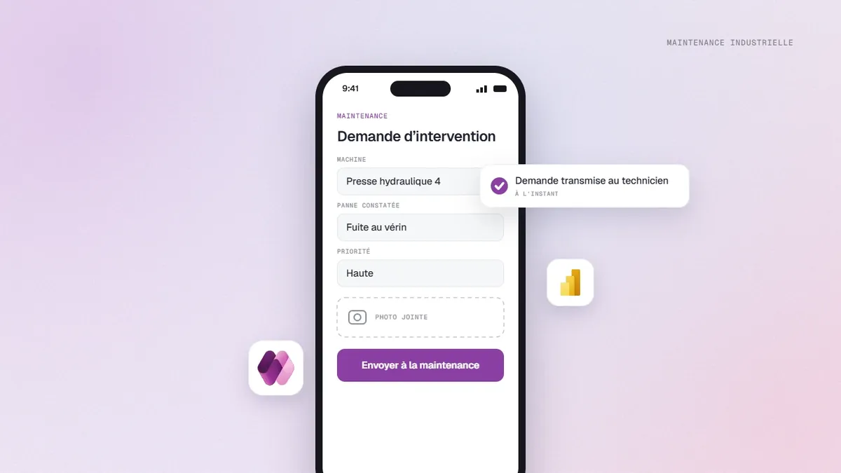 Écran mobile Power Apps de demande d’intervention sur une presse hydraulique, transmise au technicien de maintenance