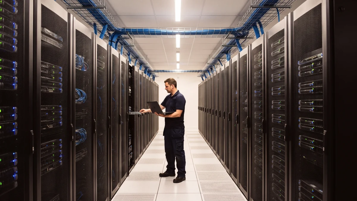 Technicien dans l'allée d'une salle de serveurs d'hébergement informatique