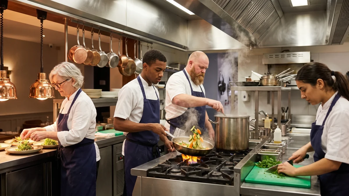 Quatre cuisiniers au travail dans une grande cuisine professionnelle