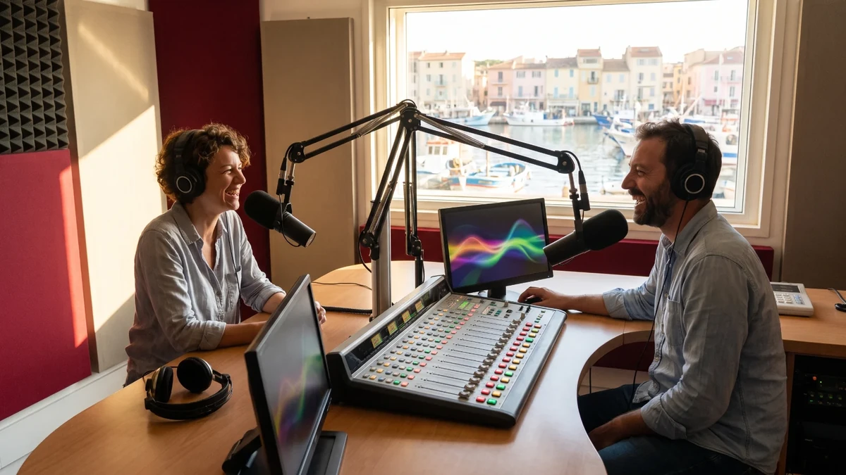 Deux animateurs en direct dans un studio de radio, face à un port méditerranéen